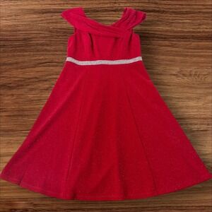 Monroe and Maine Red Sparkle Off Shoulder Rhinestone Belt Dress Size 8